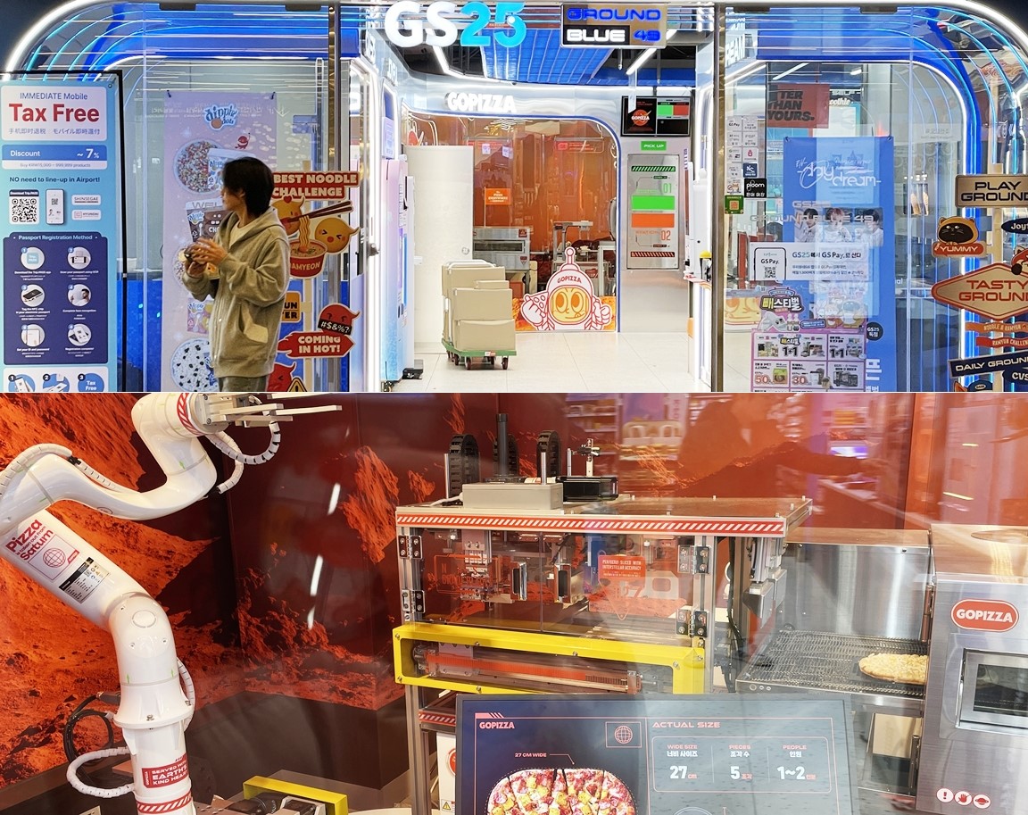 A robot on Nov. 29 makes pizza at GS25's tech-themed branch Ground Blue 49 in Seoul’s Jongno-gu District. (Xu Aiying) 