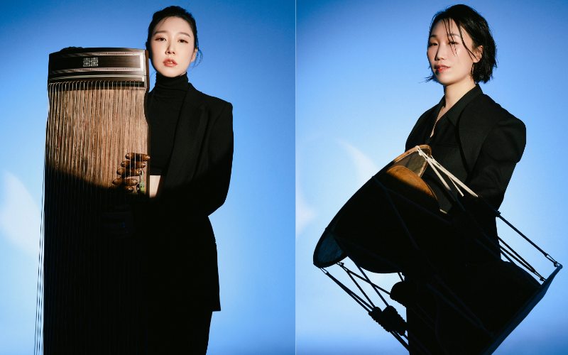 Ji-Hye Lim with her gayageum (left) and Sora Kim with her janggu (right).