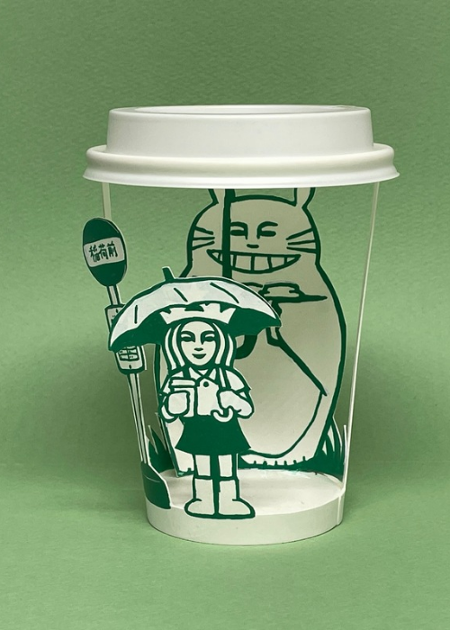 A picture of Soo Min Kim's favourite paper cup art “ Totorobucks”. Totoro is an anime character.