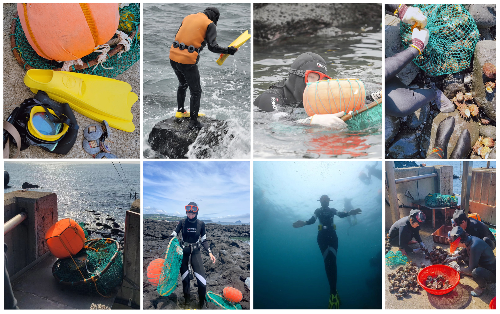 Fishing and diving tools, including the tewak floatation device and bitchang, a hook-shaped metal tool (bottom left), are essential for harvesting seafood after muljil (extreme right), the traditional free-diving method of Jeju’s haenyeo. 