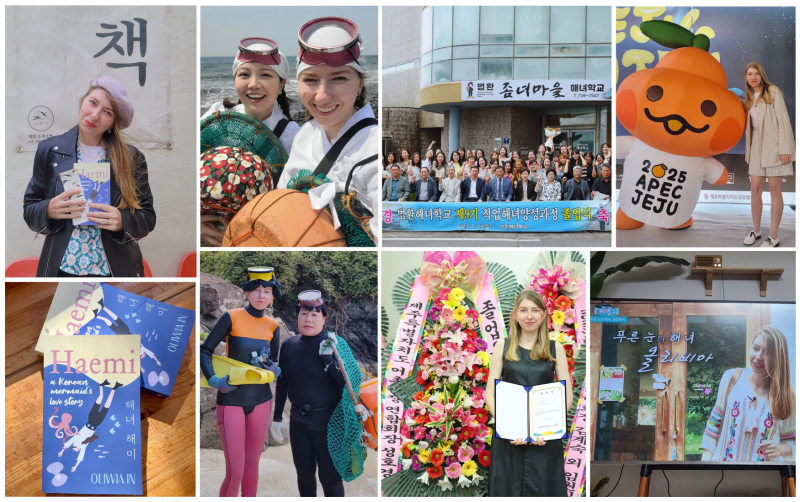 Oliwia In’s passion for haenyeo culture inspired her to write Koreanska Syrena (Korean Mermaid), later translated into English as Haemi (extreme left). After graduating from Beophwan Haenyeo School (third on top from left), she became a trainee haenyeo (second in bottom from left), sharing Jeju’s beauty and haenyeo traditions through social media.