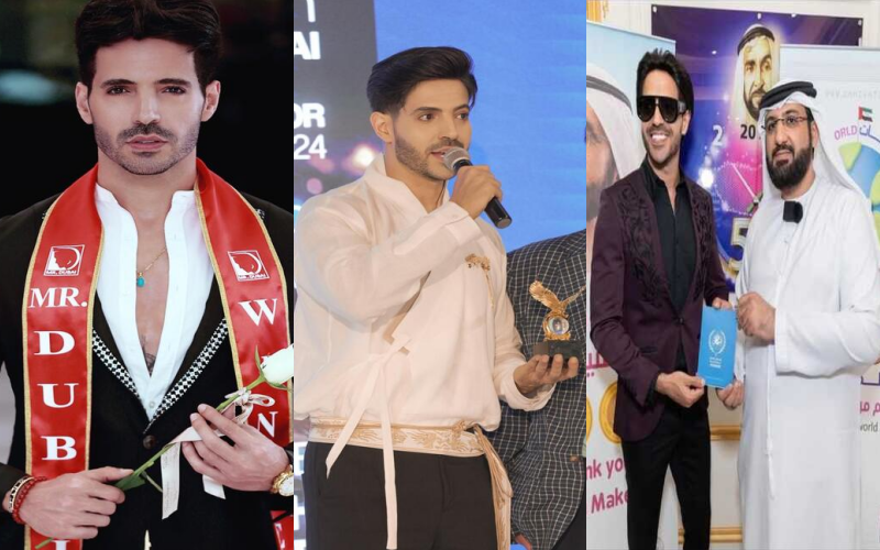 Yasser Elnaggar has earned several awards for his cultural promotion work, including (from left) Mr. Dubai 2022, Korean Cultural Ambassador for 2024 at the K-Culture Festival Dubai and the My Nationality Award from the Omniyat Center for People of Determination in 2024. 