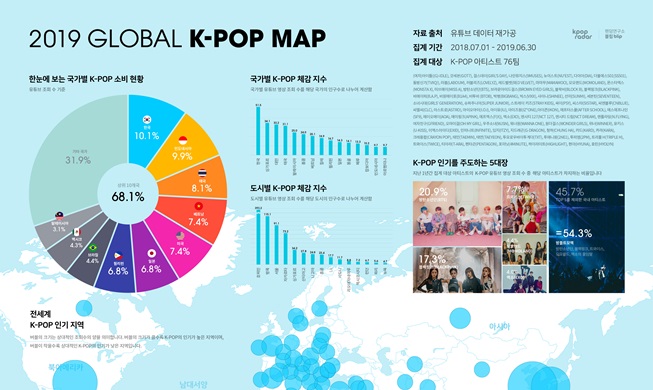 Map showing K-pop's popularity by global region released