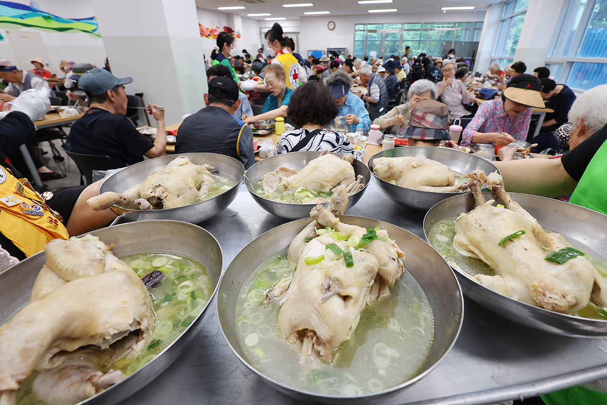 An event on July 15 is held on chobok, the first day of sambok, or the country's three hottest days of summer between July and August, serving samgyetang (ginseng chicken soup), a popular summer food in Korea, at the cafeteria of the Red Cross chapter of Incheon in the city's Yeonsu-gu District.